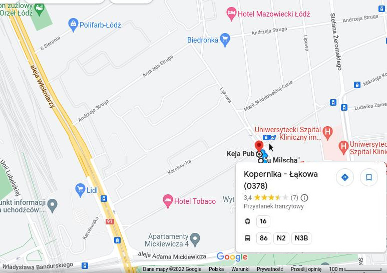 Mapka okolic Pub Keja i Restauracja u Milscha, zaznaczony przystanek MPK Łódź Kopernika-Łąkowa (0378)